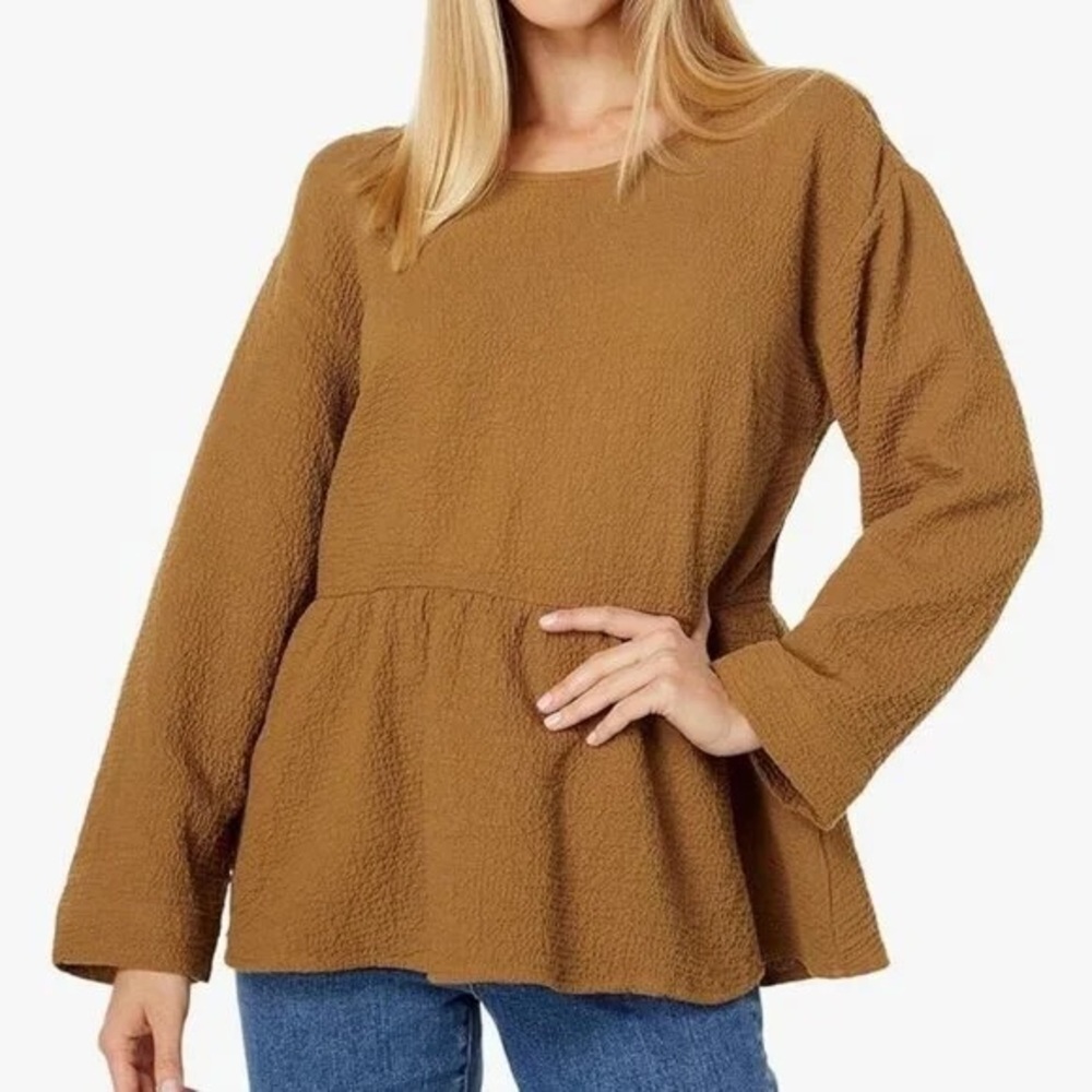 Madewell - Peplum Open Back Toffee Long Sleeve Textured Boho Blouse Size Small